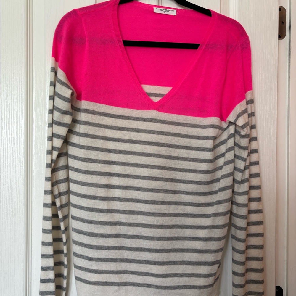 Women's Pink and Gray Striped Sweater